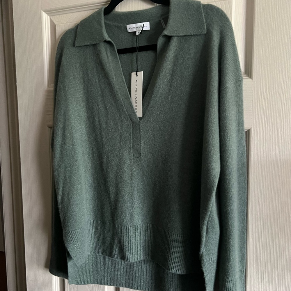 White + Warren Sage 100% Cashmere Polo Sweater Sz M NWT